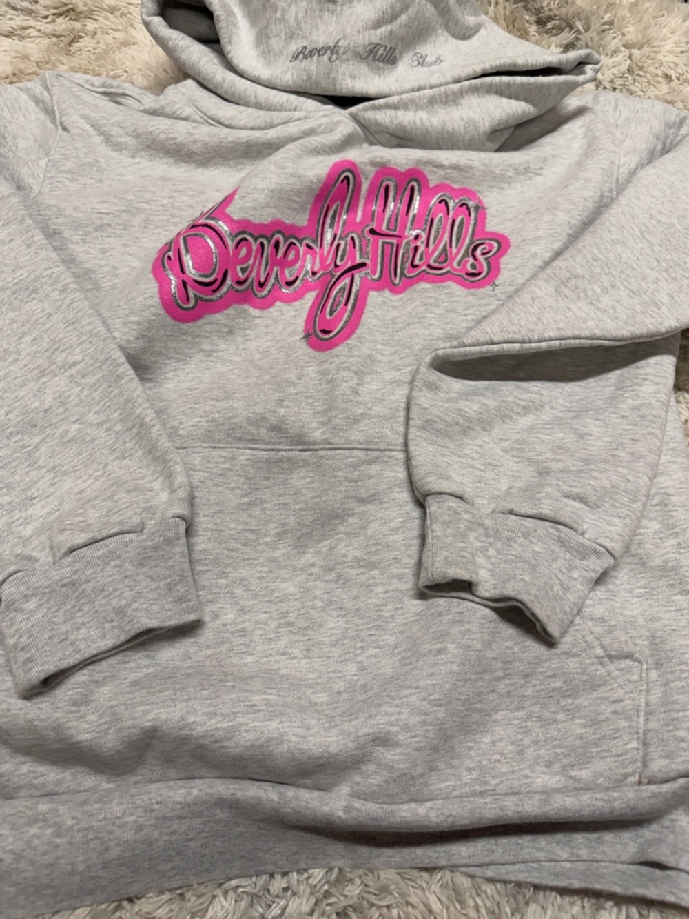 Beverly Hills  Club Light Gray Hoodie with Pink Script Logo